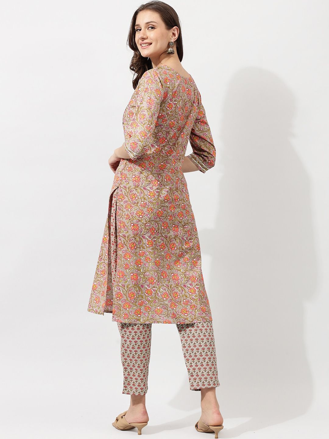 Dhimhi Women's Beige Ethnic Motifs Printed Gotta Patti Pure Cotton Kurta with Trousers