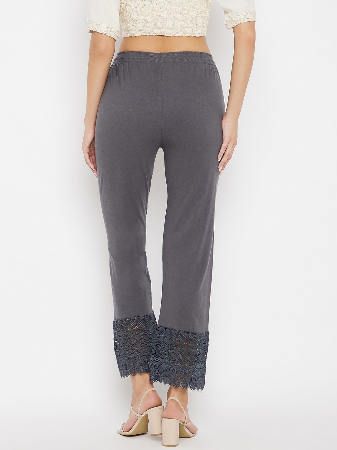 Dhimhi Women's Grey Hem Design Knitted Palazzos