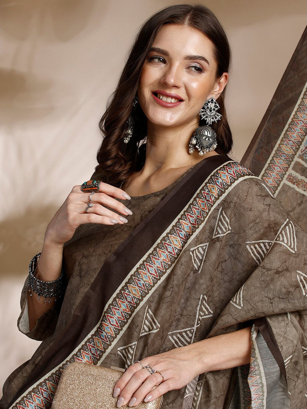 Dhimhi Women Abstract Printed Regular Chanderi Cotton Kurta With Trousers & Dupatta