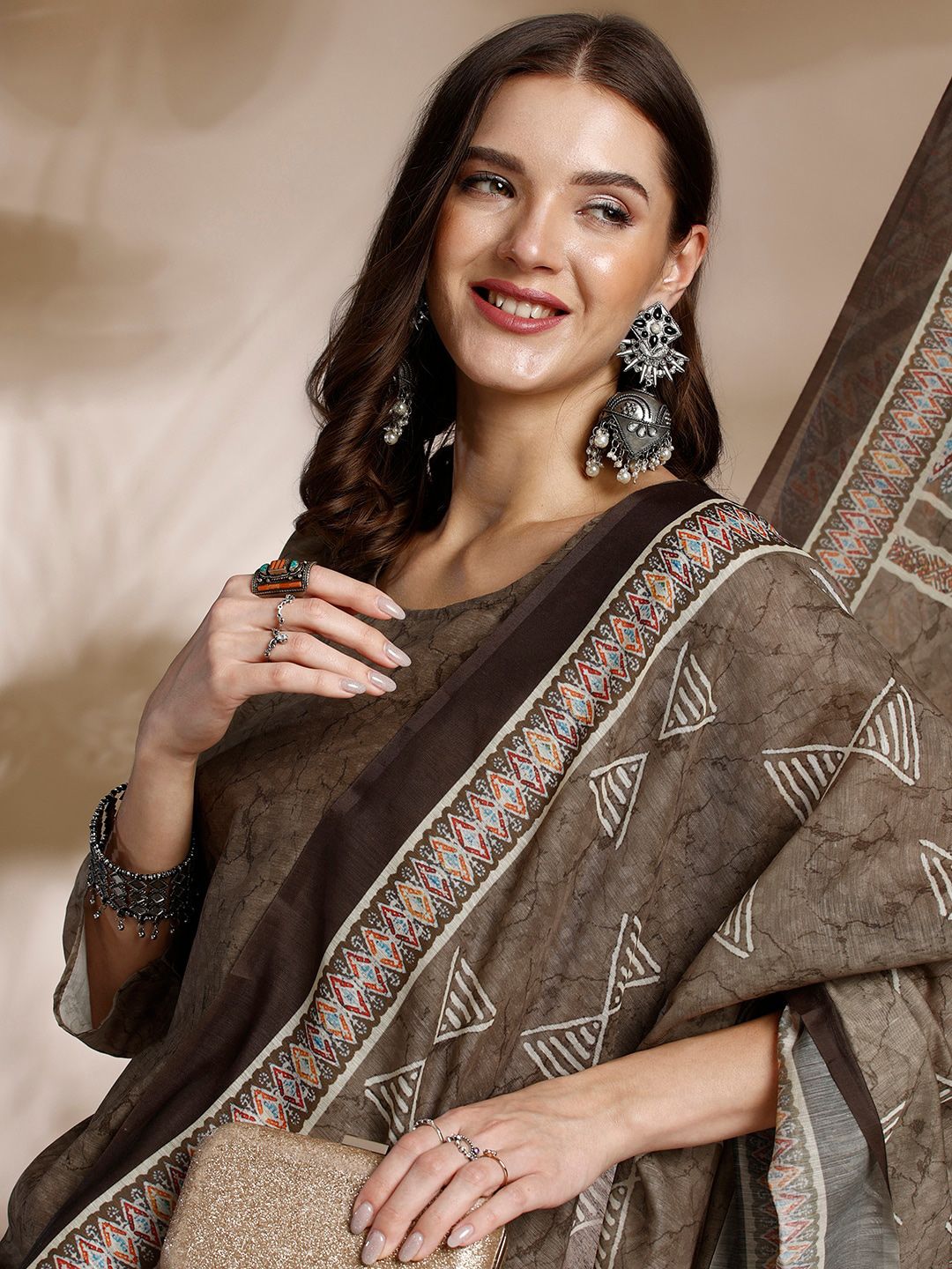 Dhimhi Women Abstract Printed Regular Chanderi Cotton Kurta With Trousers & Dupatta