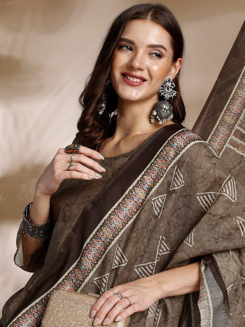 Dhimhi Women Abstract Printed Regular Chanderi Cotton Kurta With Trousers & Dupatta