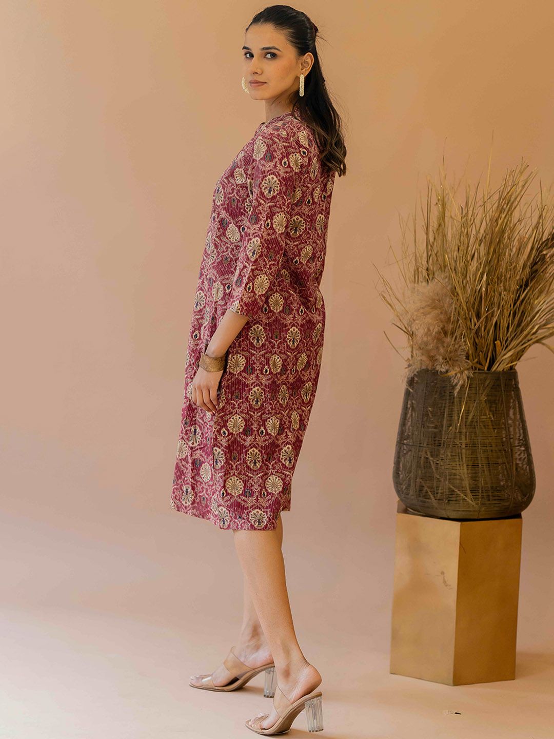 Ajrakh Printed Kantha Work Mandarin Collar Cotton A-line Kurta