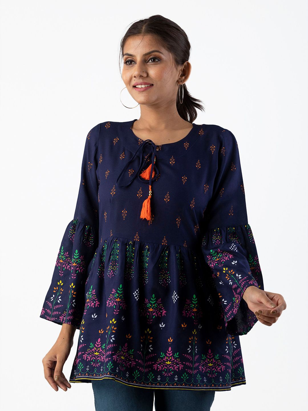 Dhimhi Women's Blue Floral Print Tie-Up Neck Indigo Empire Top