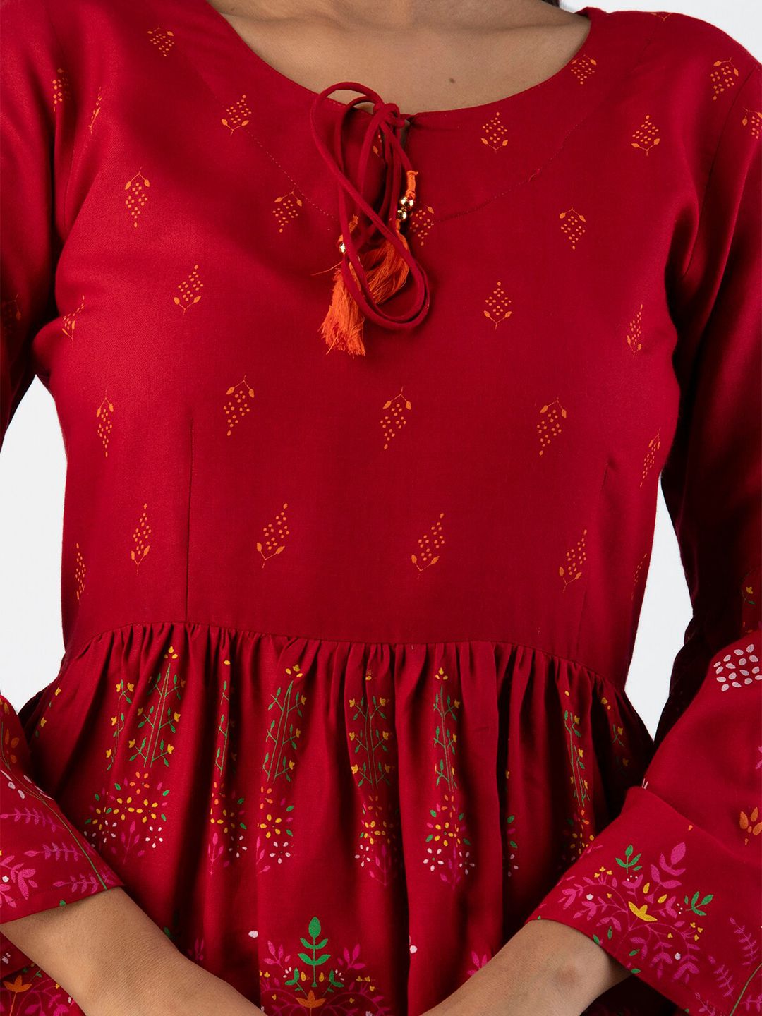 Dhimhi Women's Red Indigo Empire Longline Top