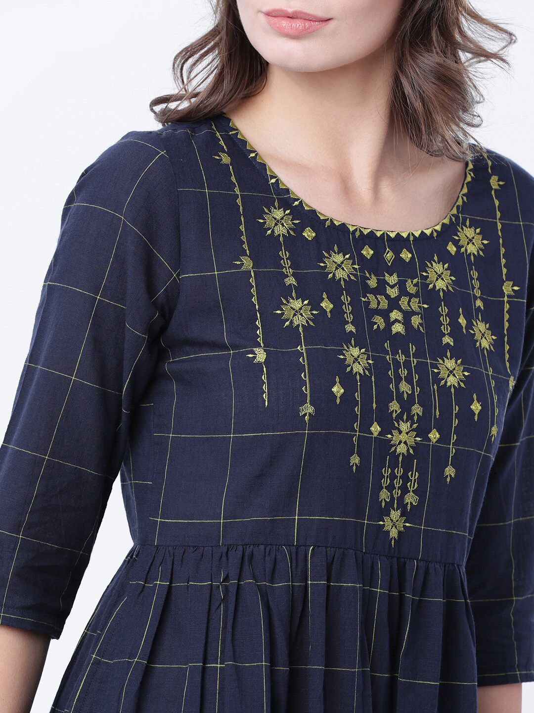Dhimhi Women's Navy Blue Checked Empire Dress
