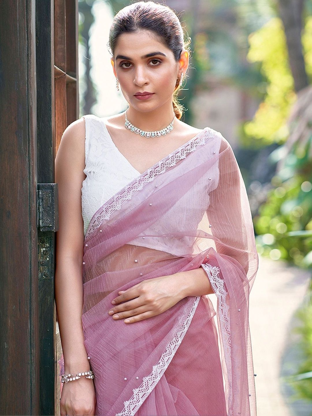 Dhimhi Women's Embellished Beads and Stones Supernet Designer Saree