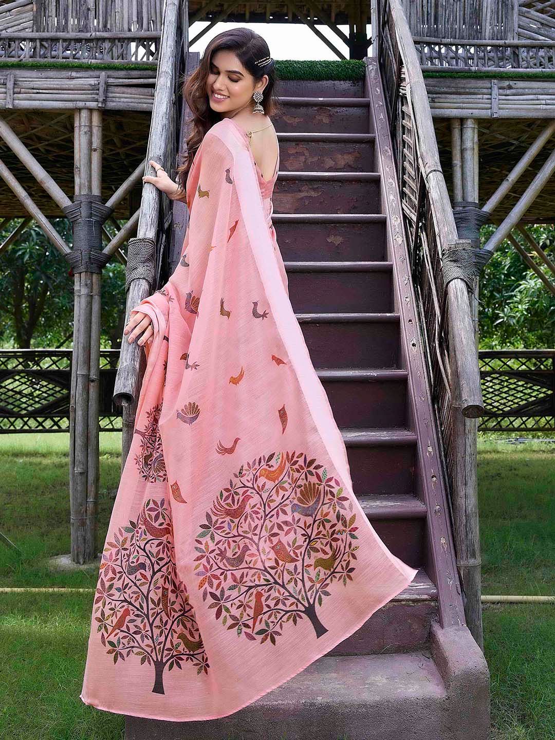 Dhimhi Women's Peach-Coloured & Blue Polycotton Baluchari Saree