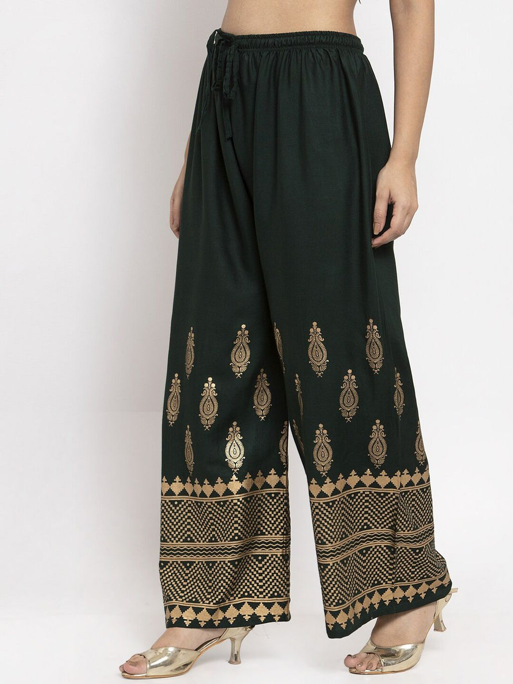 Dhimhi Women's Green & Gold-Coloured Floral Printed Straight Palazzos