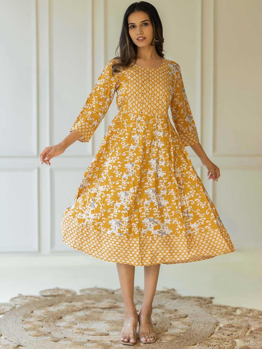 Dhimhi Women's Floral Printed Round Neck Cotton Fit & Flare Midi Ethnic Dress