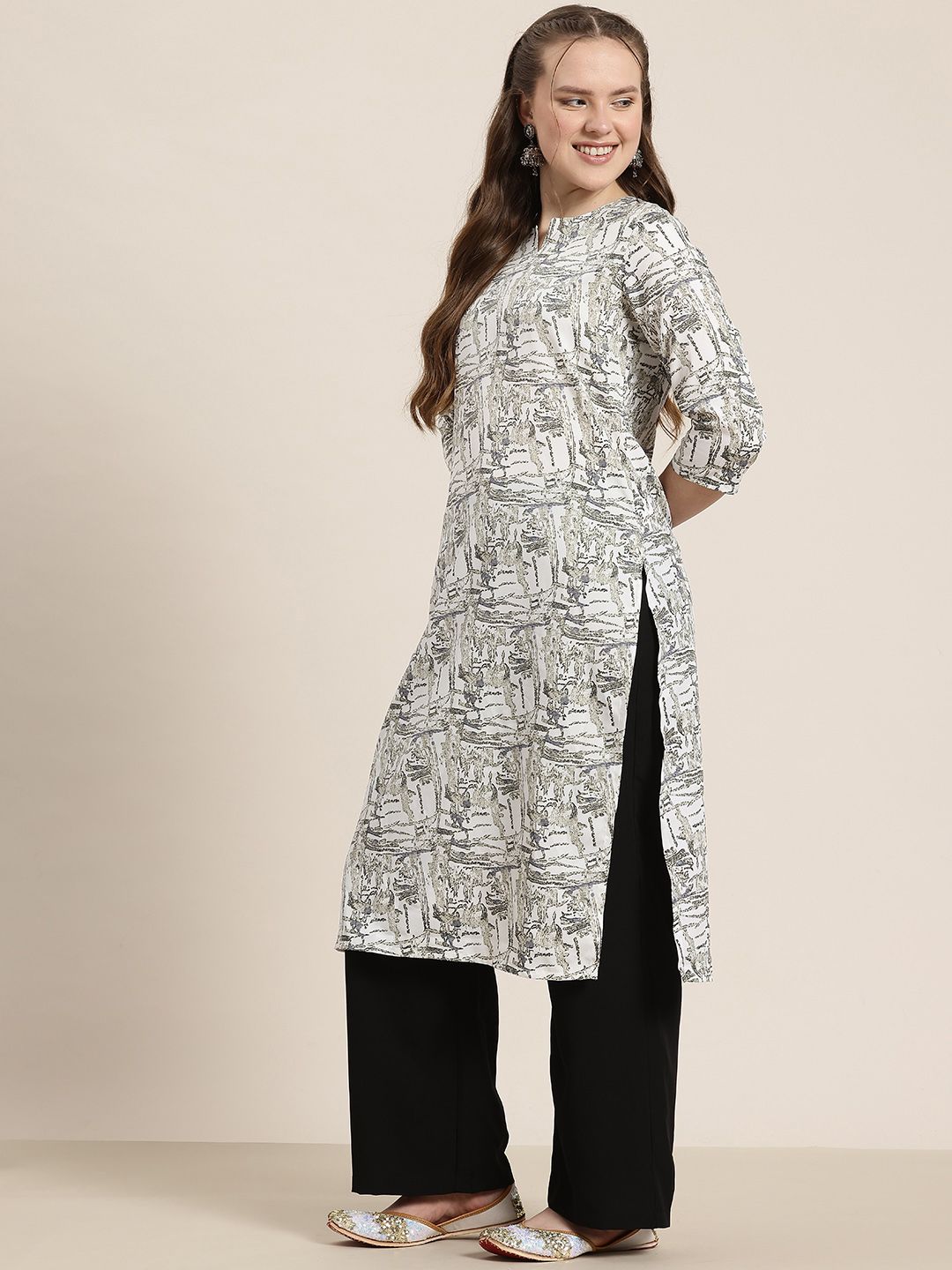 Abstract Print Notched Round Neck Calf-Length Straight Kurta
