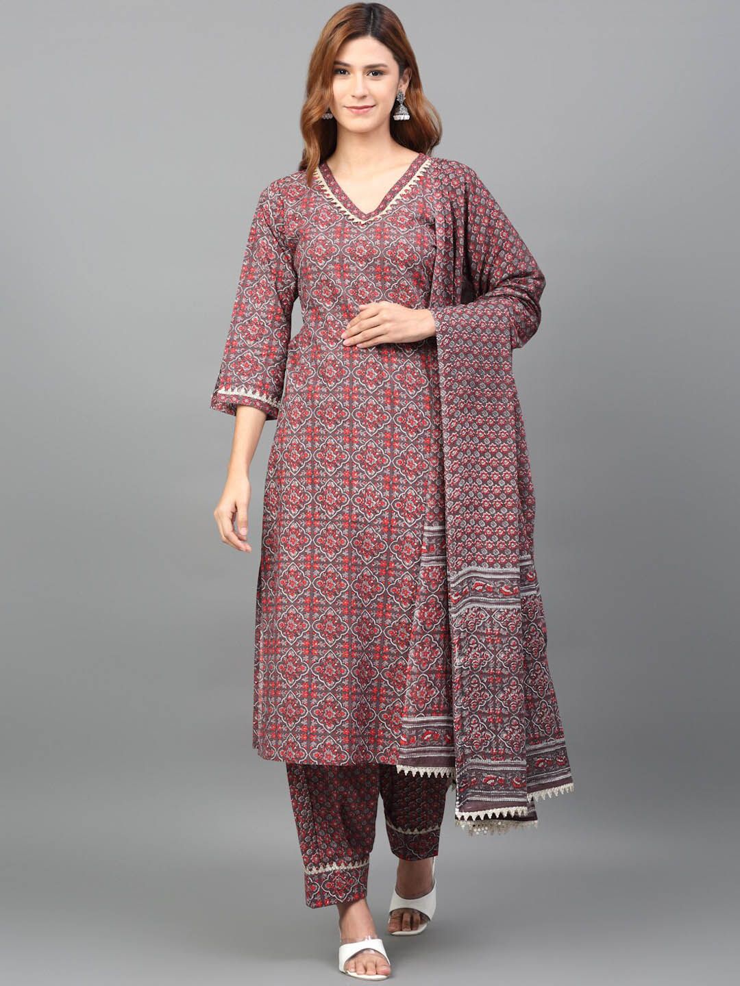 Dhimhi Women's Ethnic Motifs Printed Pure Cotton Kurta with Salwar & Dupatta