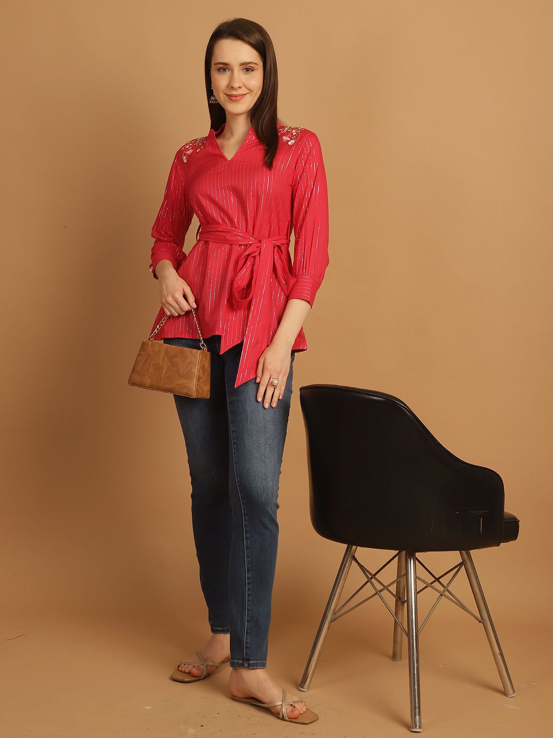 Dhimhi Women's Print Mandarin Collar Ethnic Cotton Cinched Waist Top