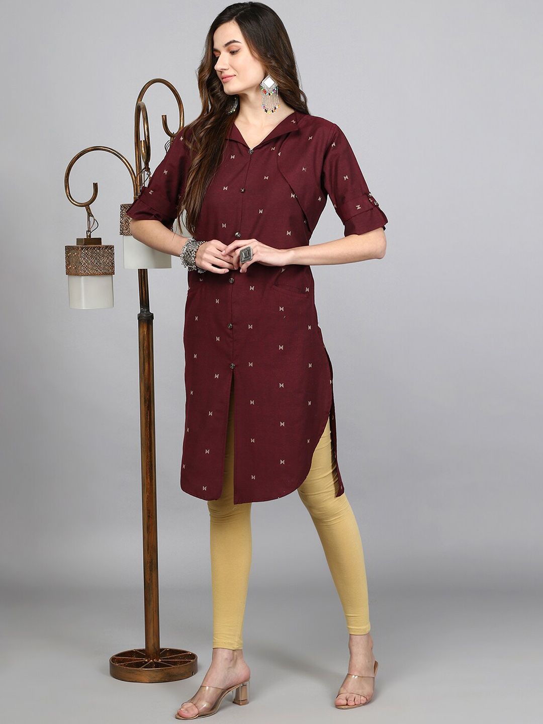 Geometric Printed Shirt Collar Cotton Pathani Kurta