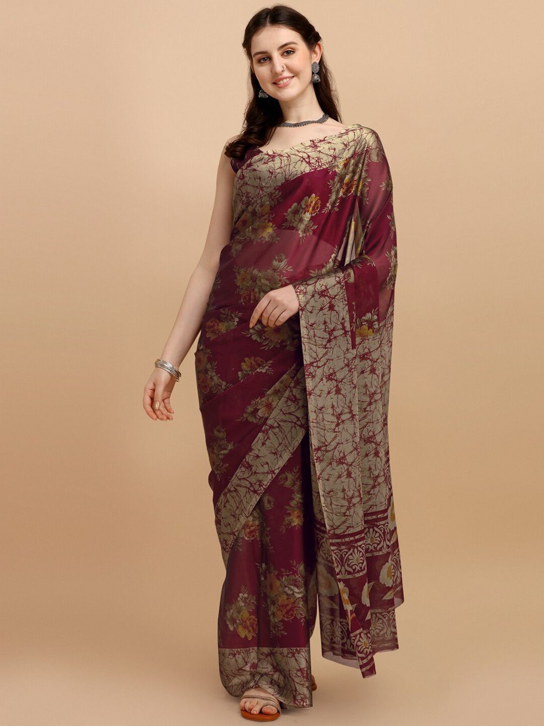 Dhimhi Women's Maroon & Yellow Floral Saree