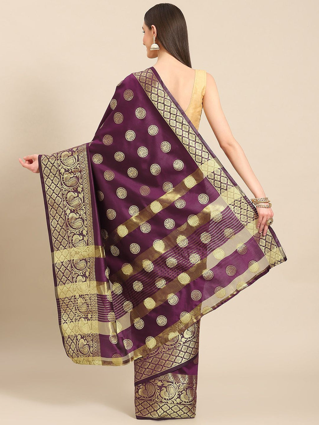 Dhimhi Women's Magenta & Gold-Toned Woven Design Zari Fusion Banarasi Saree