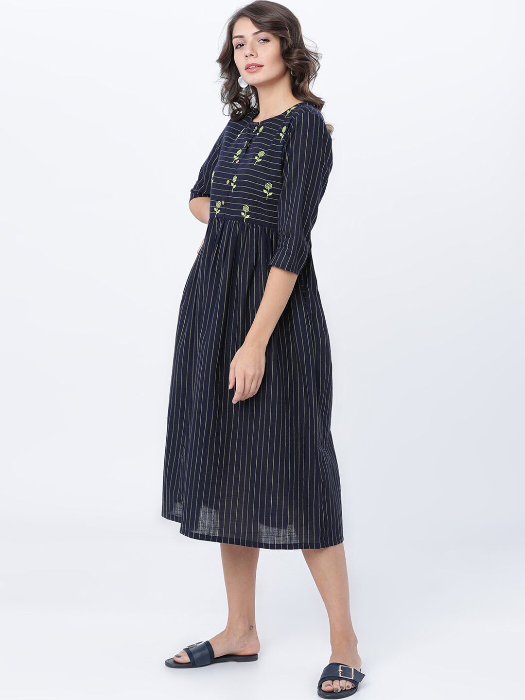 Dhimhi Women's Navy Blue Striped Fit and Flare Dress