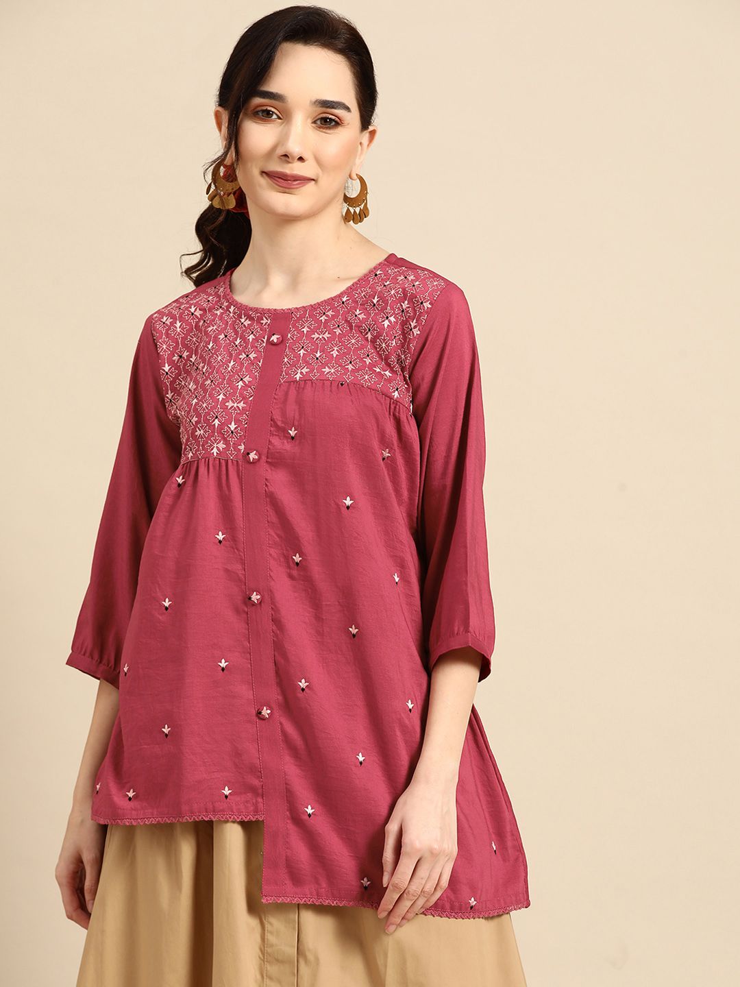 Dhimhi Women's Pink Embroidered Longline Top