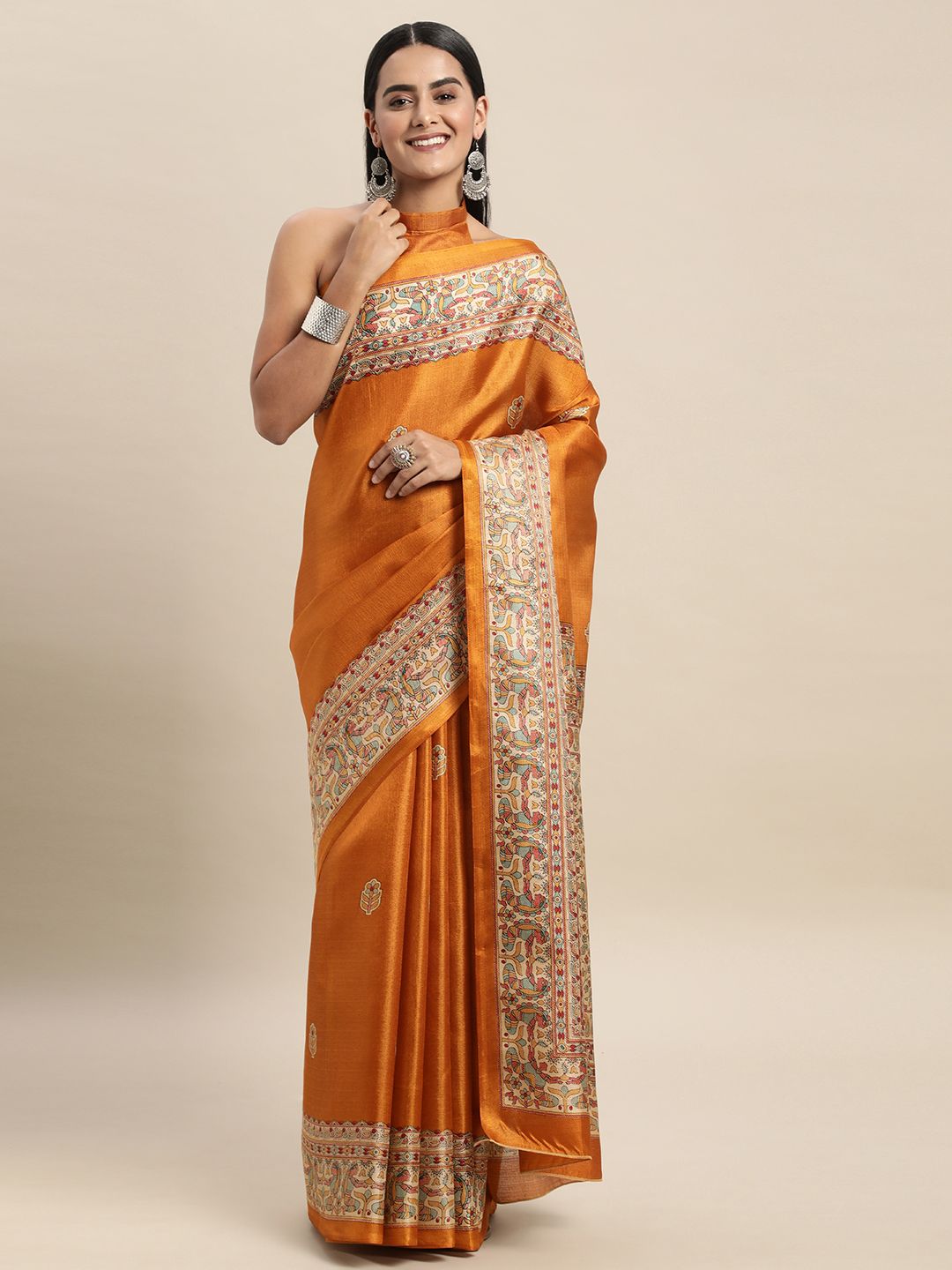 Dhimhi Women's Mustard Yellow & Beige Ethnic Motifs Printed Saree