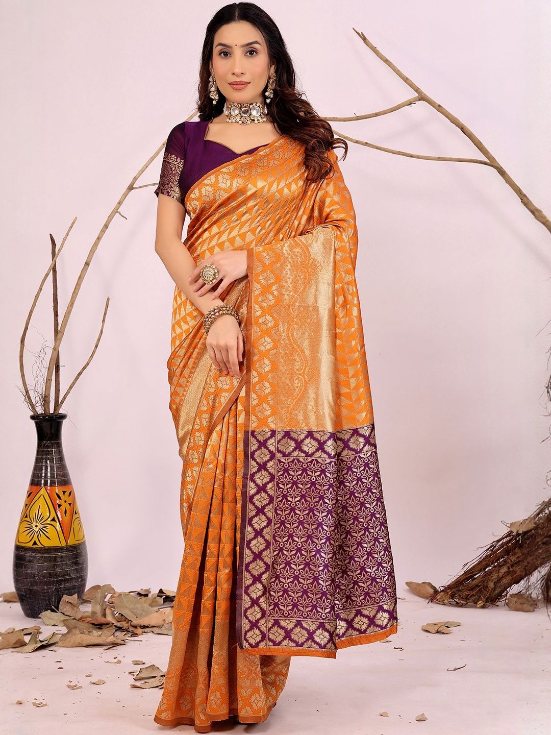 Dhimhi Women's Orange Woven Design Silk Cotton Kanjeevaram Sarees
