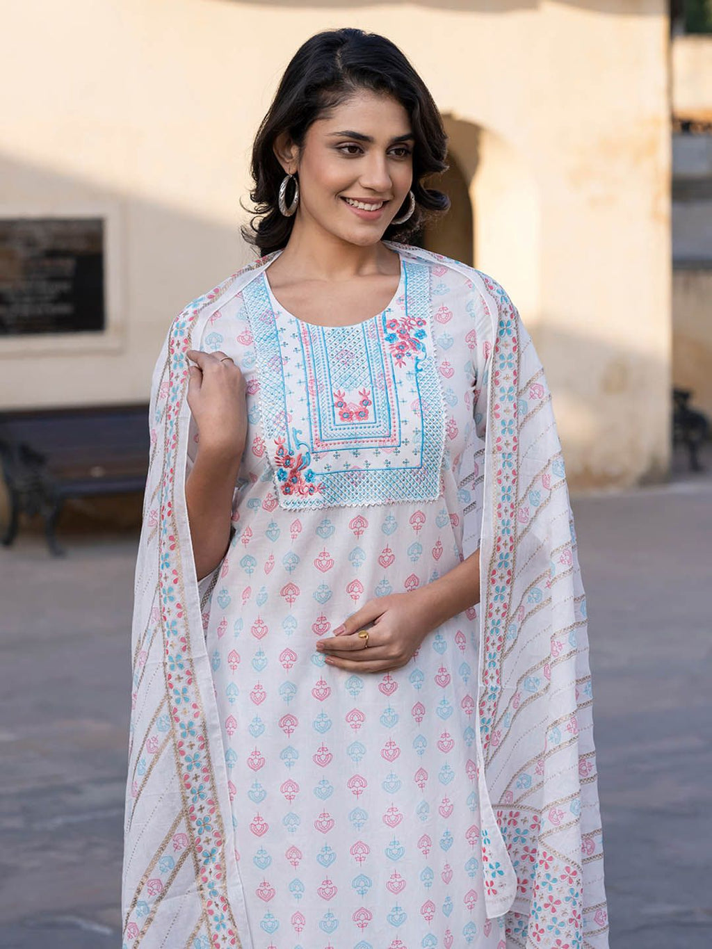 Dhimhi Women's Ethnic Motifs Embroidered Regular Pure Cotton Kurta with Trousers & With Dupatta