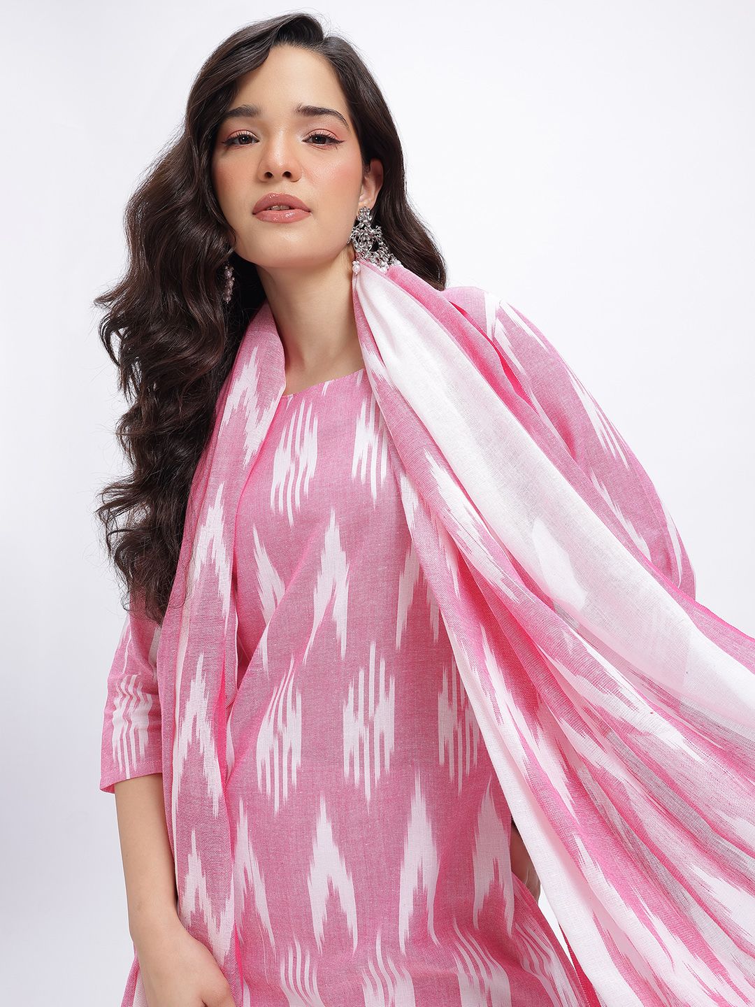 Dhimhi Women's Ikat Print Pure Cotton Straight Kurta with Trousers & Dupatta