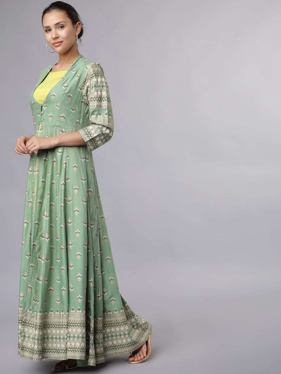 Dhimhi Women's Green Printed Ethnic Maxi Dress with Inner Slip Dress