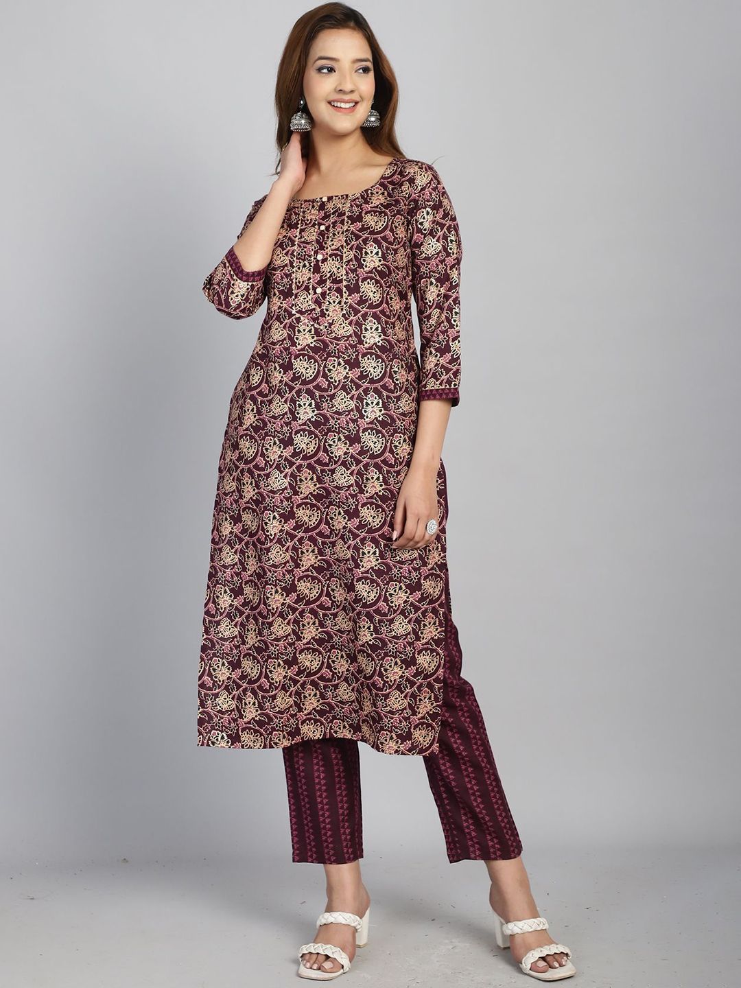 Dhimhi women's floral printed cotton blend kurta set with straight kurta, matching trousers, and dupatta on white background.