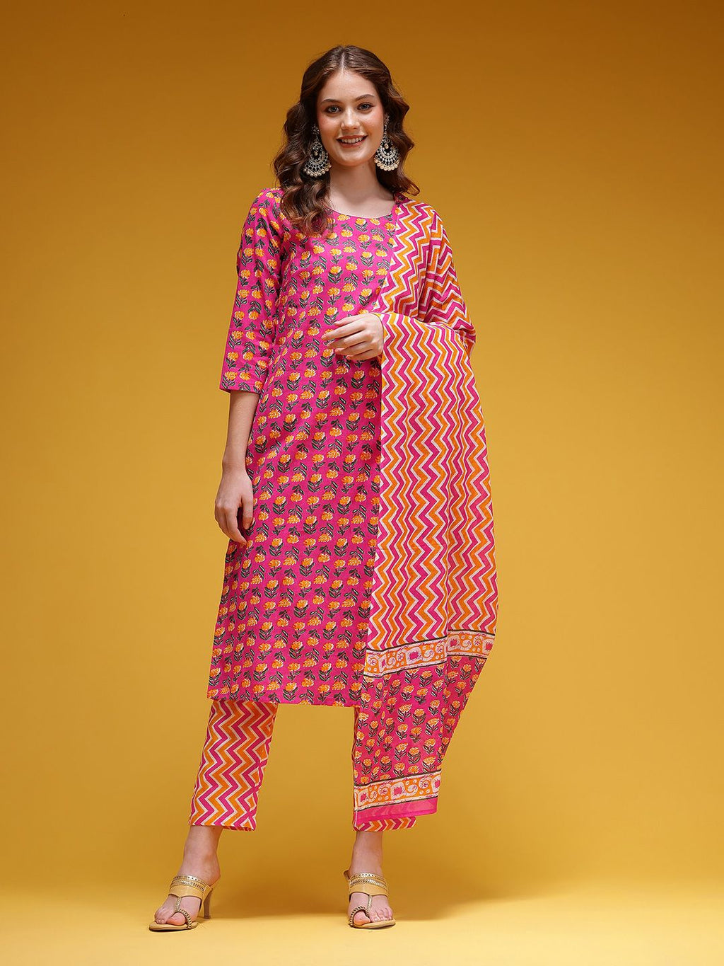 Dhimhi Women's Floral Printed Pure Cotton Kurta with Trousers & Dupatta