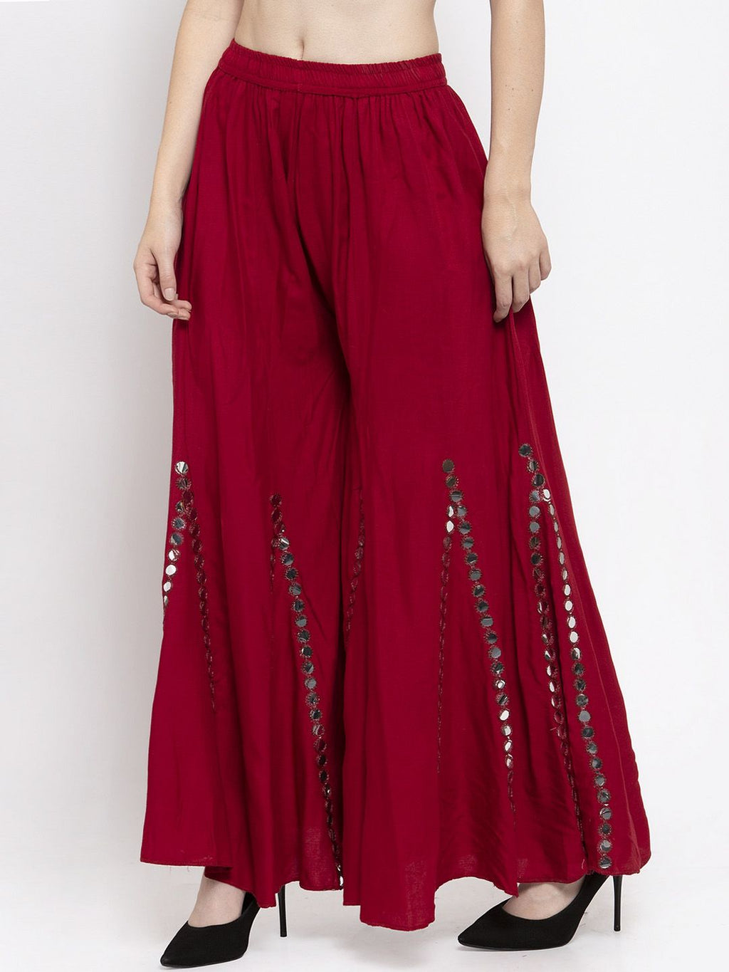 Dhimhi Women's Maroon Embellished Flared Palazzos