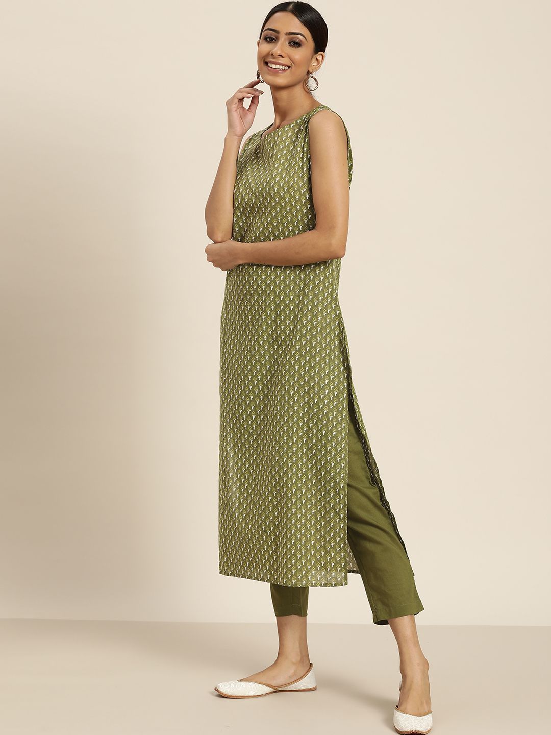 Dhimhi Women's Olive Green Ethnic Motifs Printed Regular Pure Cotton Kurta with Trousers