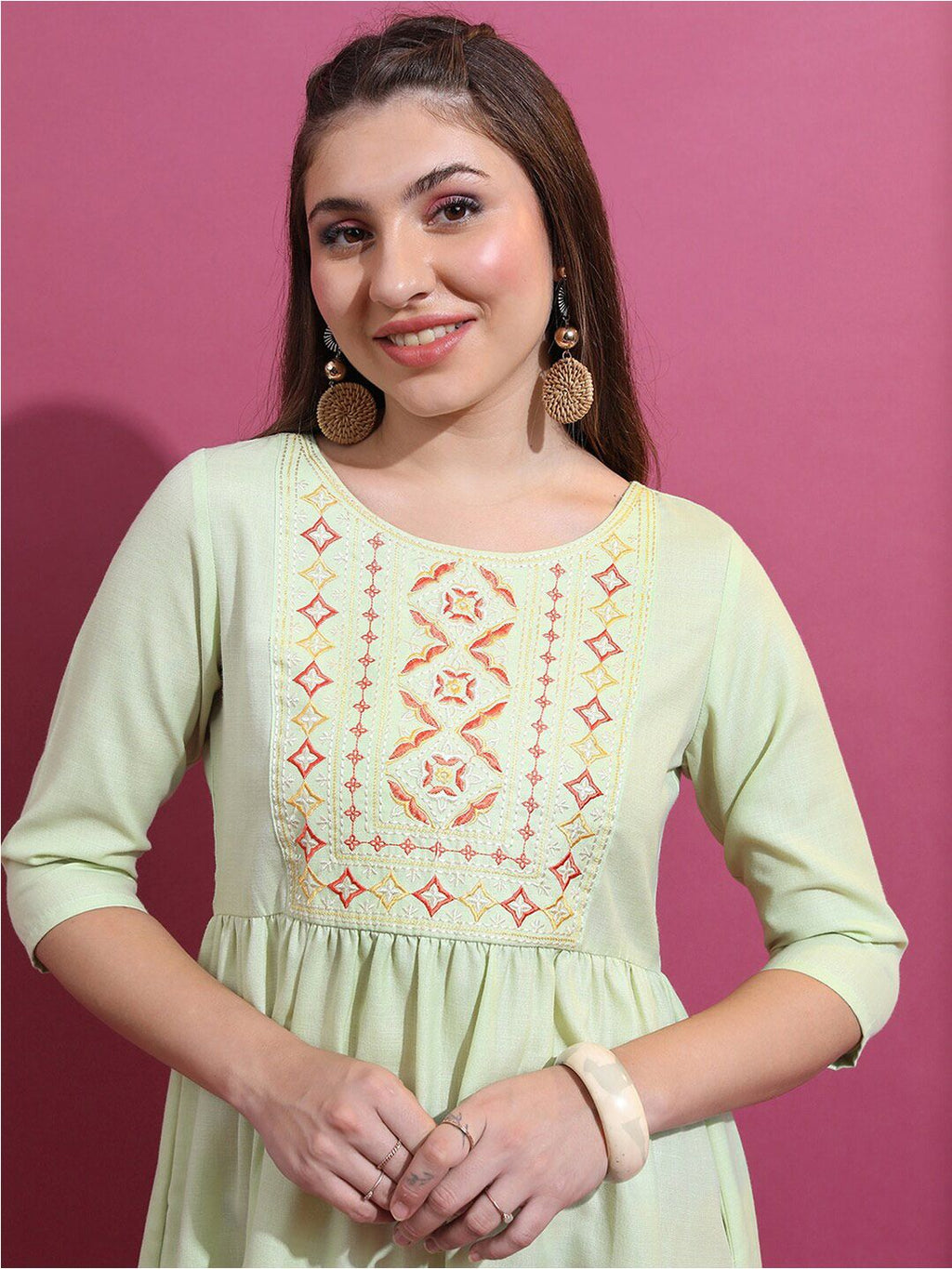 Dhimhi Women's Sea Green Ethnic Embroidered Fit & Flare Midi Ethnic Dress