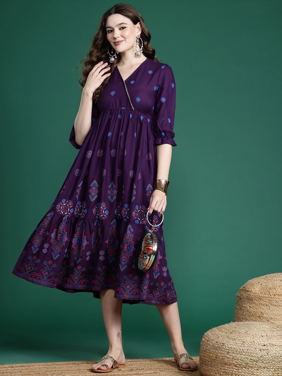 Dhimhi Women's Printed Gotta Patti Midi Empire Dress