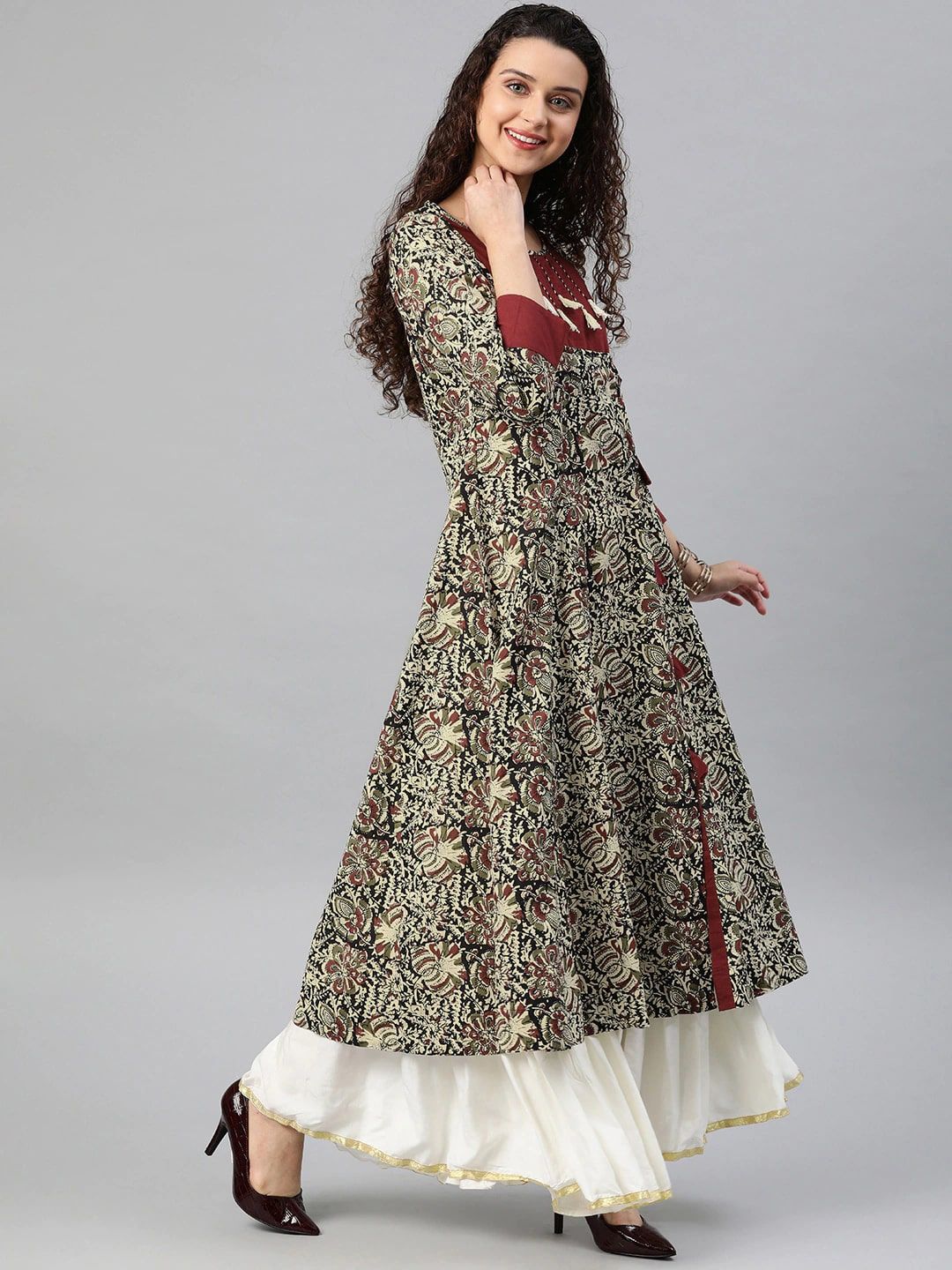 Round Neck Floral Printed Cotton Anarkali Kurta