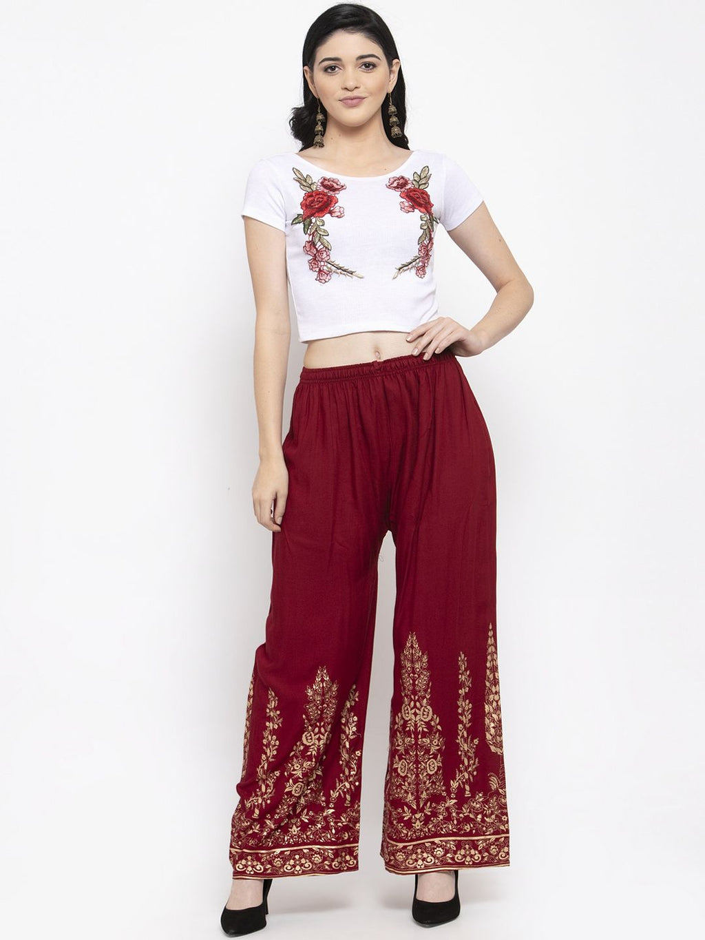Dhimhi Women's Maroon Printed Wide Leg Palazzos