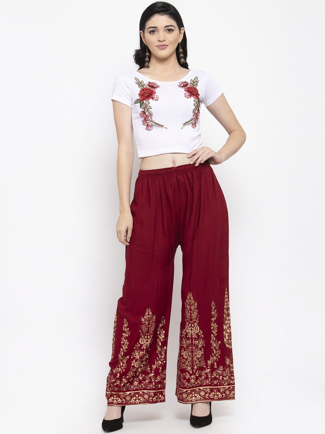 Dhimhi Women's Maroon Printed Wide Leg Palazzos