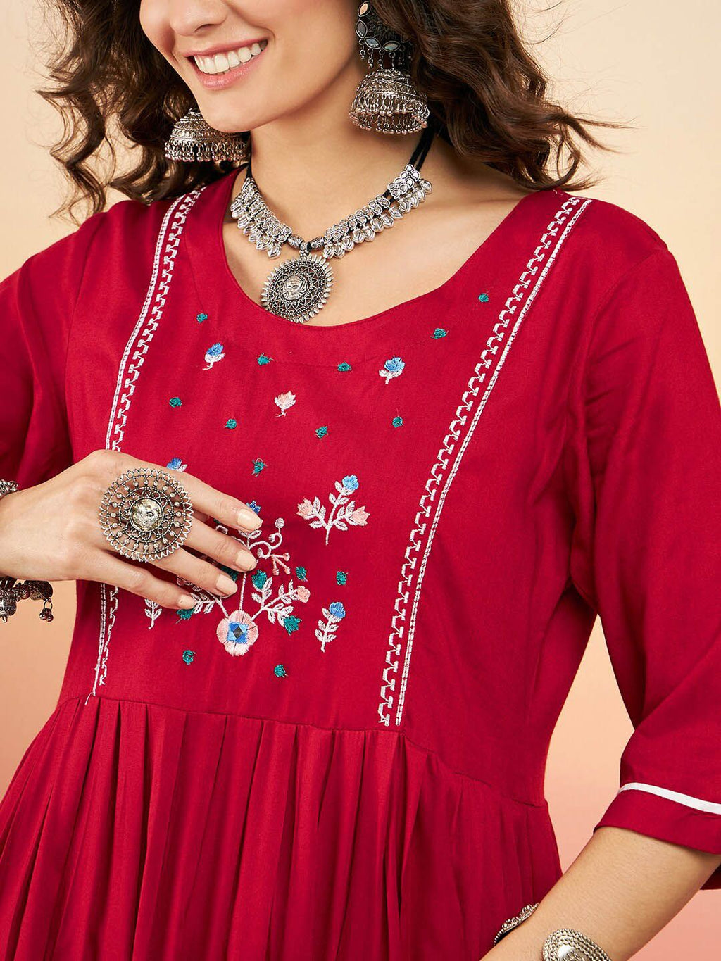 Dhimhi Women's Floral Embroidered Fit & Flared Dress