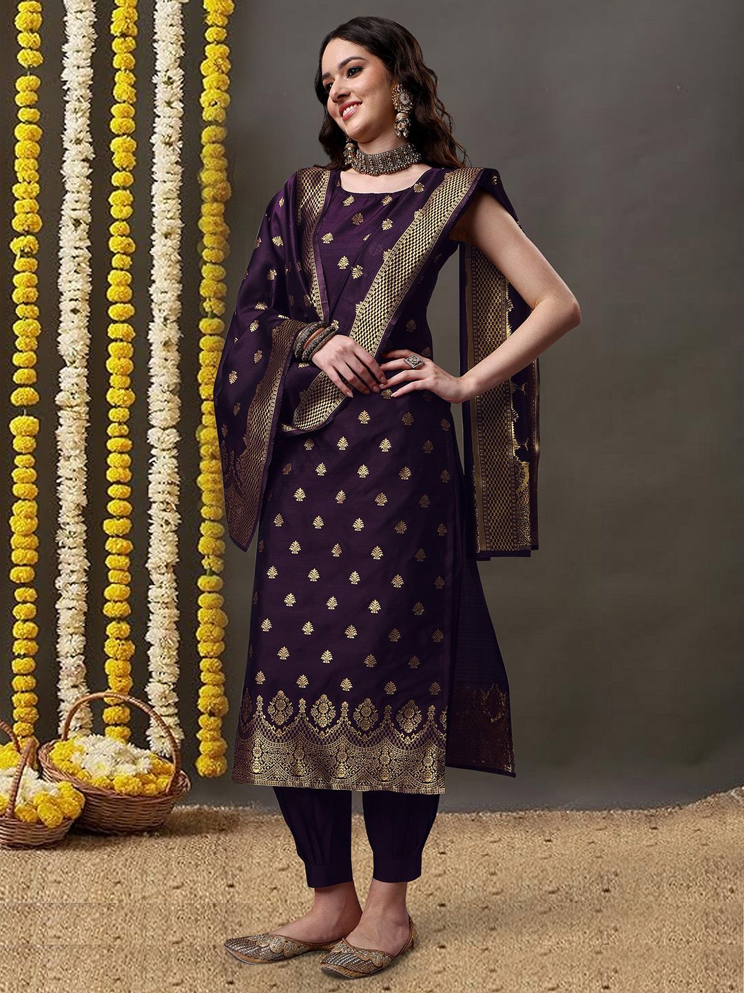 Dhimhi Women's Ethnic Motifs Woven Design Kurta With Salwar & Dupatta - dhimhi