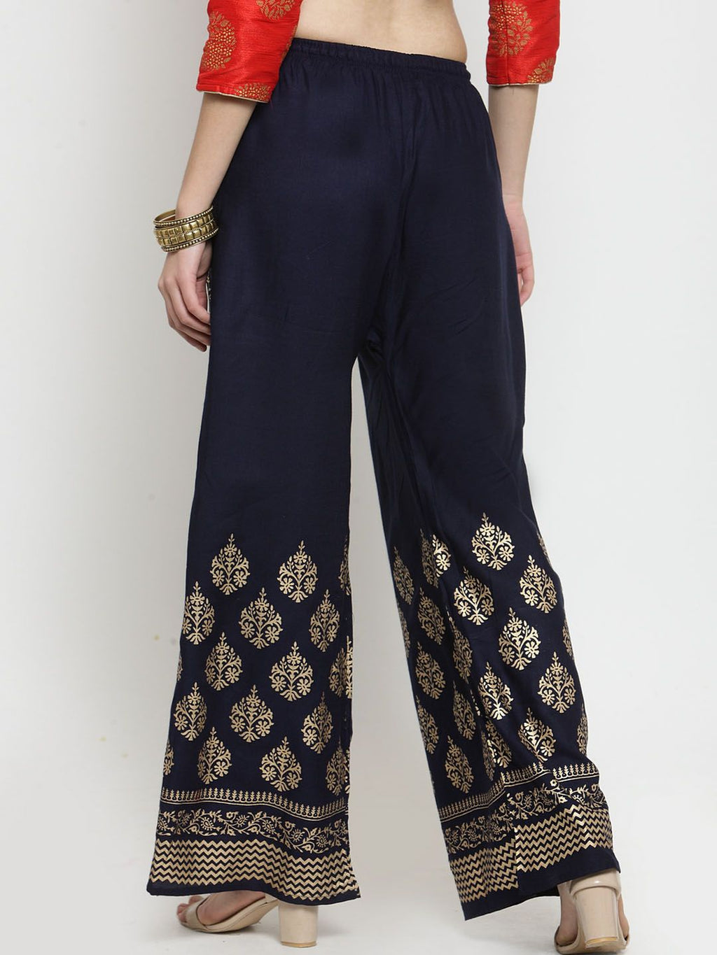 Dhimhi Women's Clora Creations Navy Blue & Gold-Toned Printed Rayon Palazzo