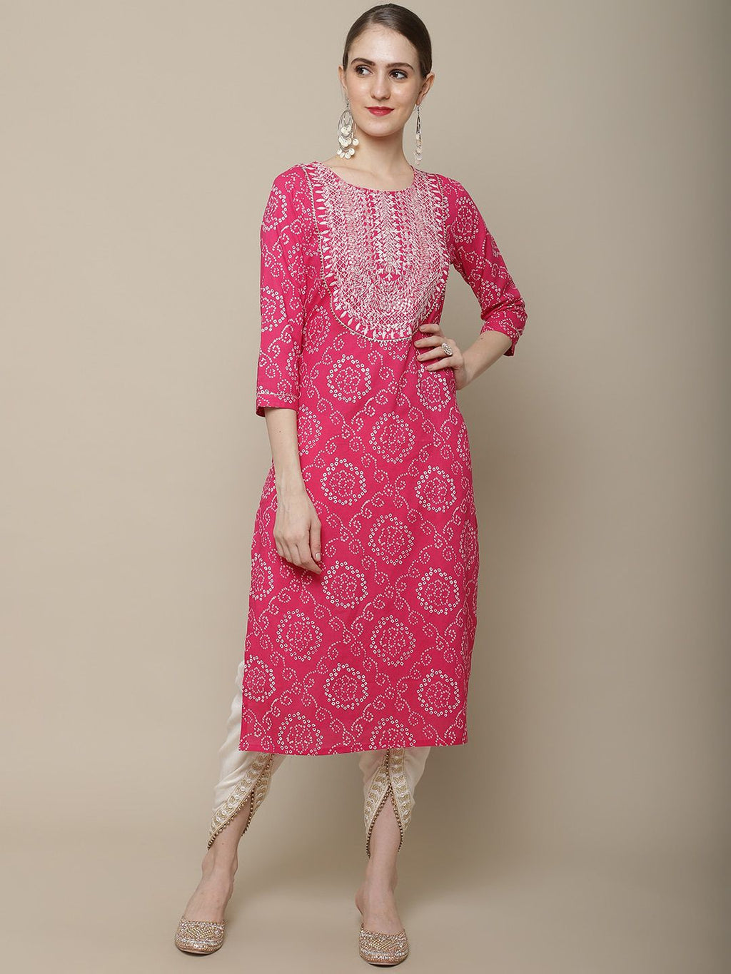 Women Pink & White Bandhani Printed Thread Work Kurta