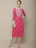 Women Pink & White Bandhani Printed Thread Work Kurta