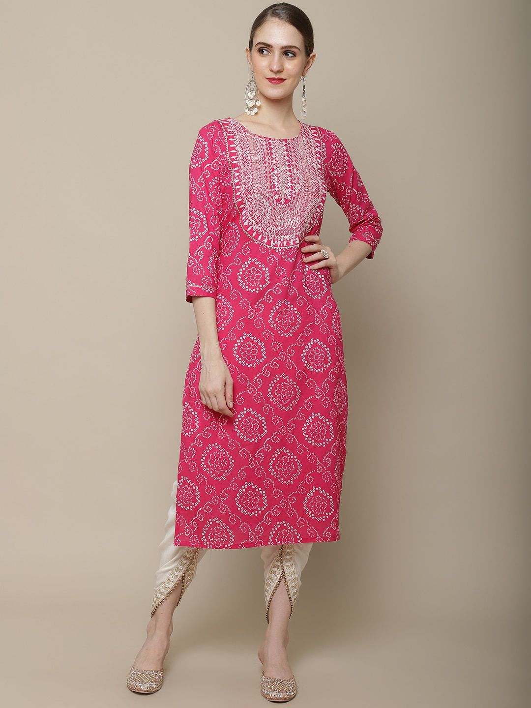 Women Pink & White Bandhani Printed Thread Work Kurta