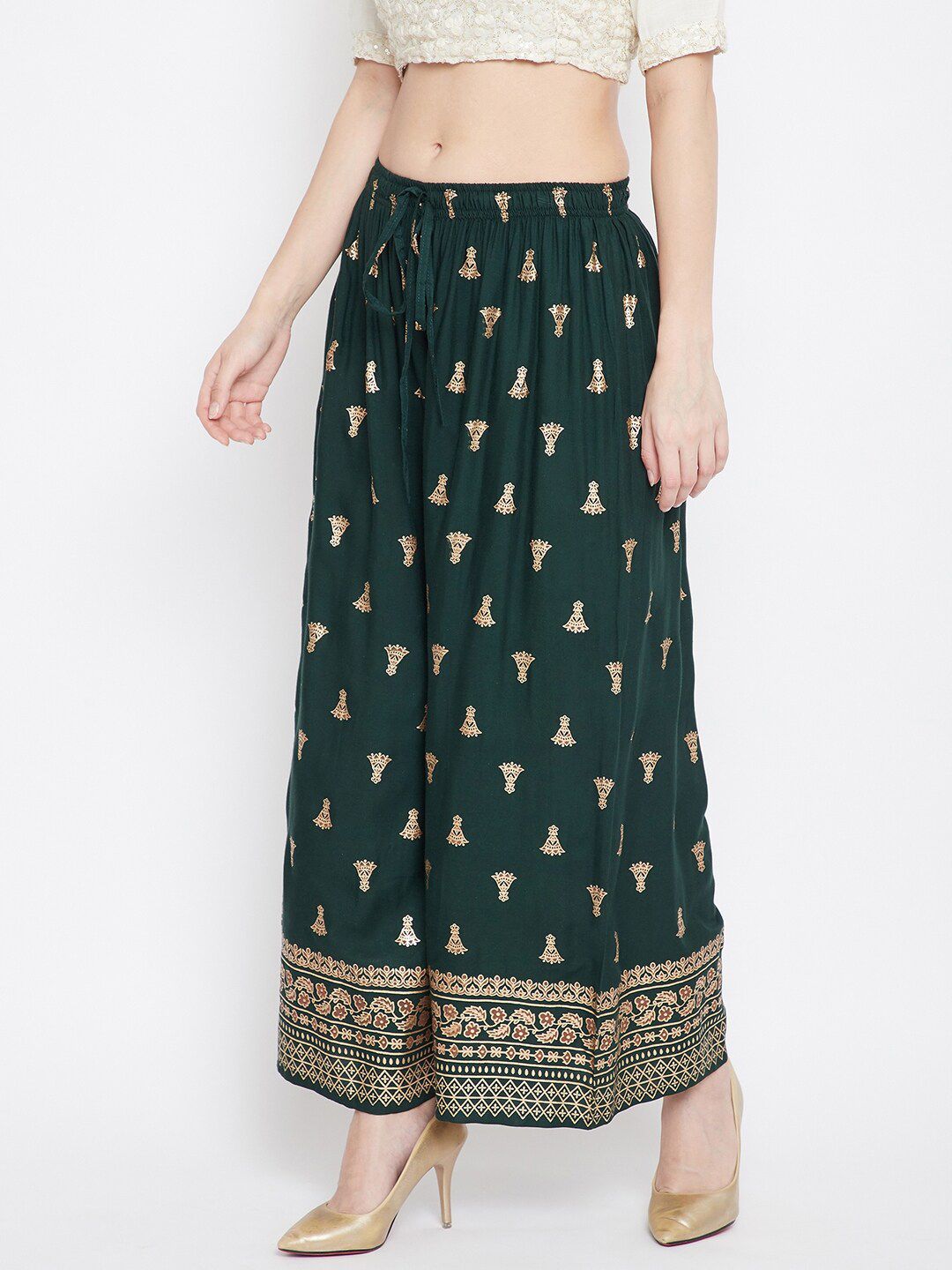 Dhimhi Women's Green & Gold-Toned Printed Flared Knitted Ethnic Palazzos