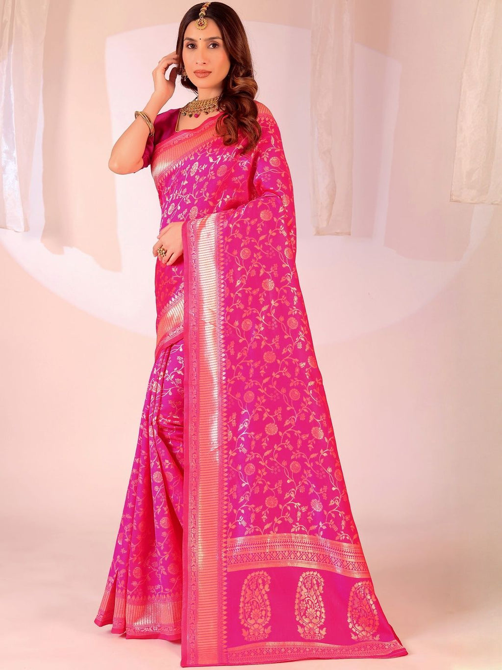 Dhimhi Women's Pink Silk Cotton Woven Design Sarees