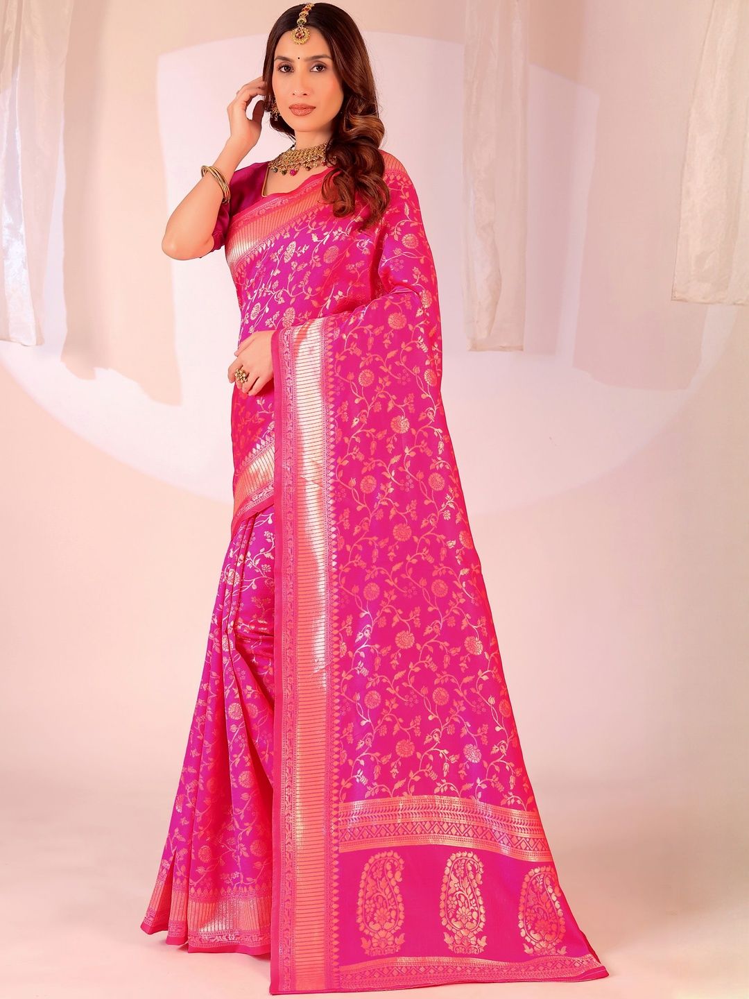 Dhimhi Women's Pink Silk Cotton Woven Design Sarees