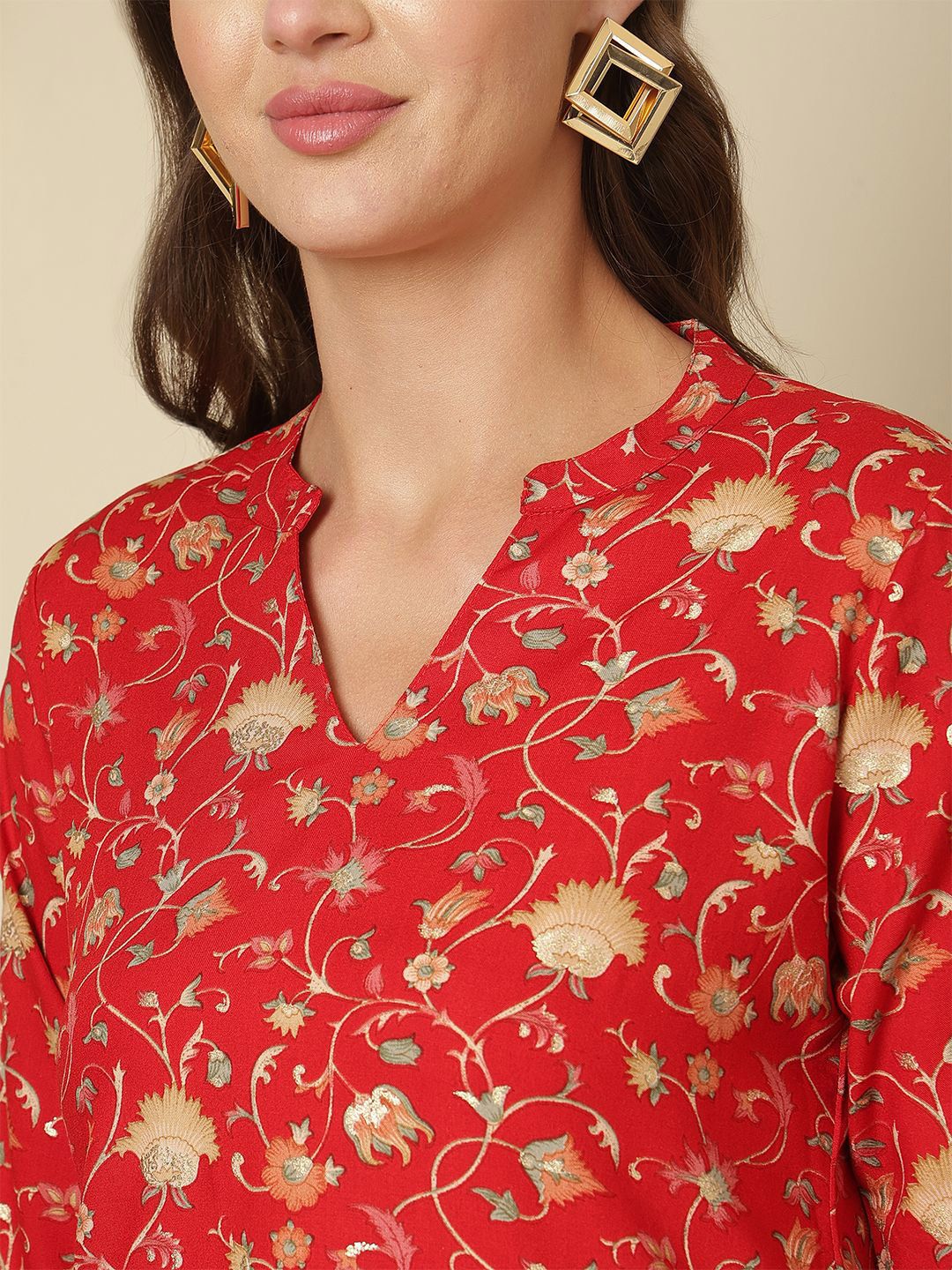 Dhimhi Women's Floral Printed Mandarin Collar Top