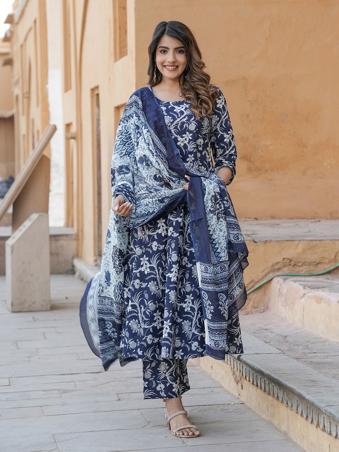 Dhimhi Women's Floral Printed Pure Cotton Anarkali Kurta with Trousers & Dupatta