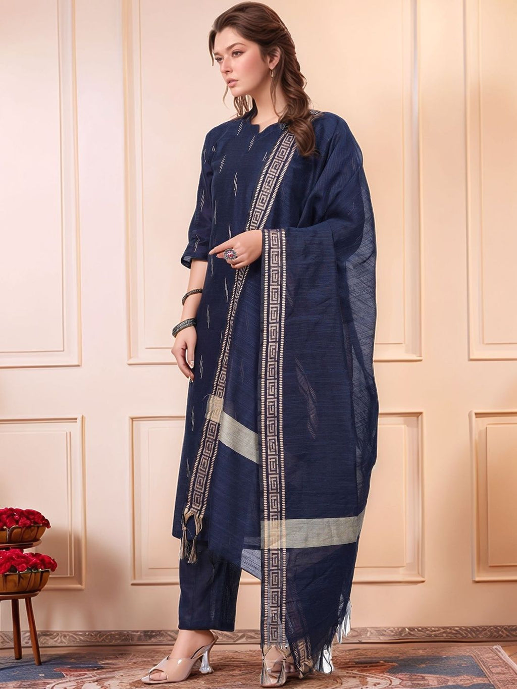 Dhimhi Women's Ethnic Motifs Printed Regular Kurta with Trousers & With Dupatta