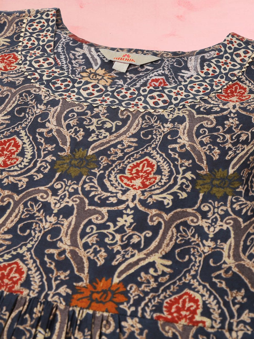 Dhimhi Women's Round Neck Ethnic Printed Empire Chanderi Silk Kurti with Dhoti Pants