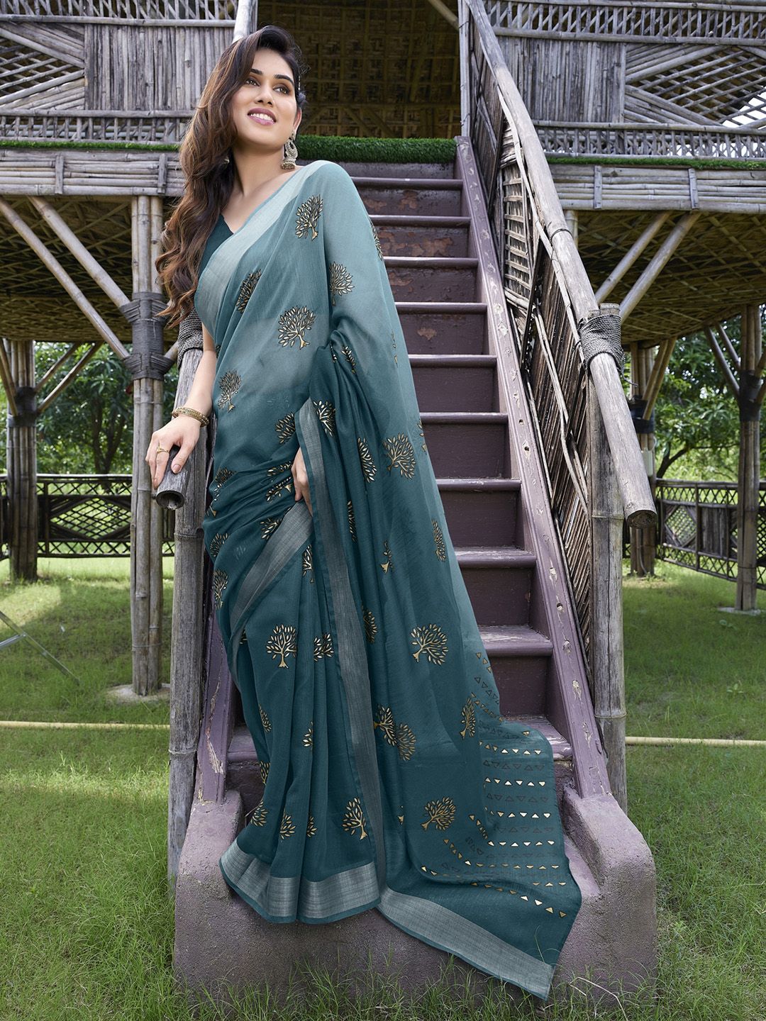 Dhimhi Women's Turquoise Blue & Gold Ethnic Motifs Bagh Poly Cotton Saree