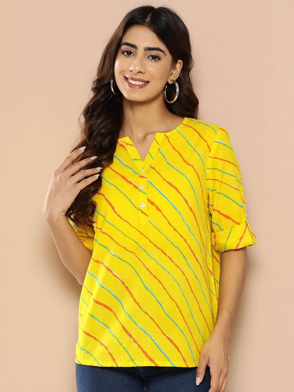 Dhimhi Women's Striped Mandarin Collar Roll-Up Sleeves Cotton Top